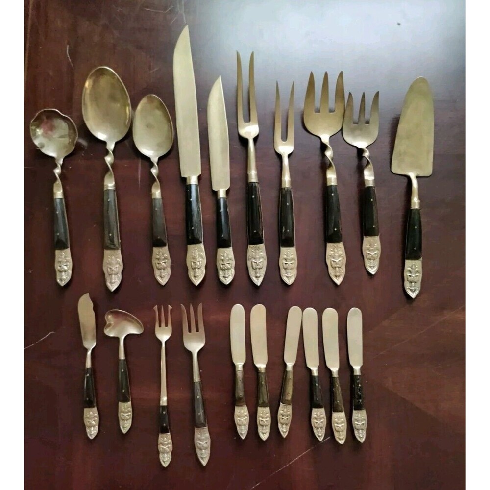 VTG Asian Thailand Siam Buddha Brass & Rosewood 20 pc Serving Utensil Flatware
